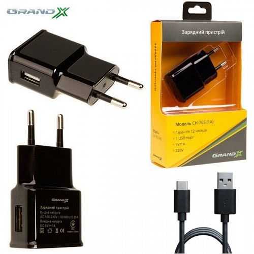 Купить CЗУ GRAND-X (1xUSB 1А) Black (CH-765T) + кабель USB Type C в магазине vsesvit.shop
